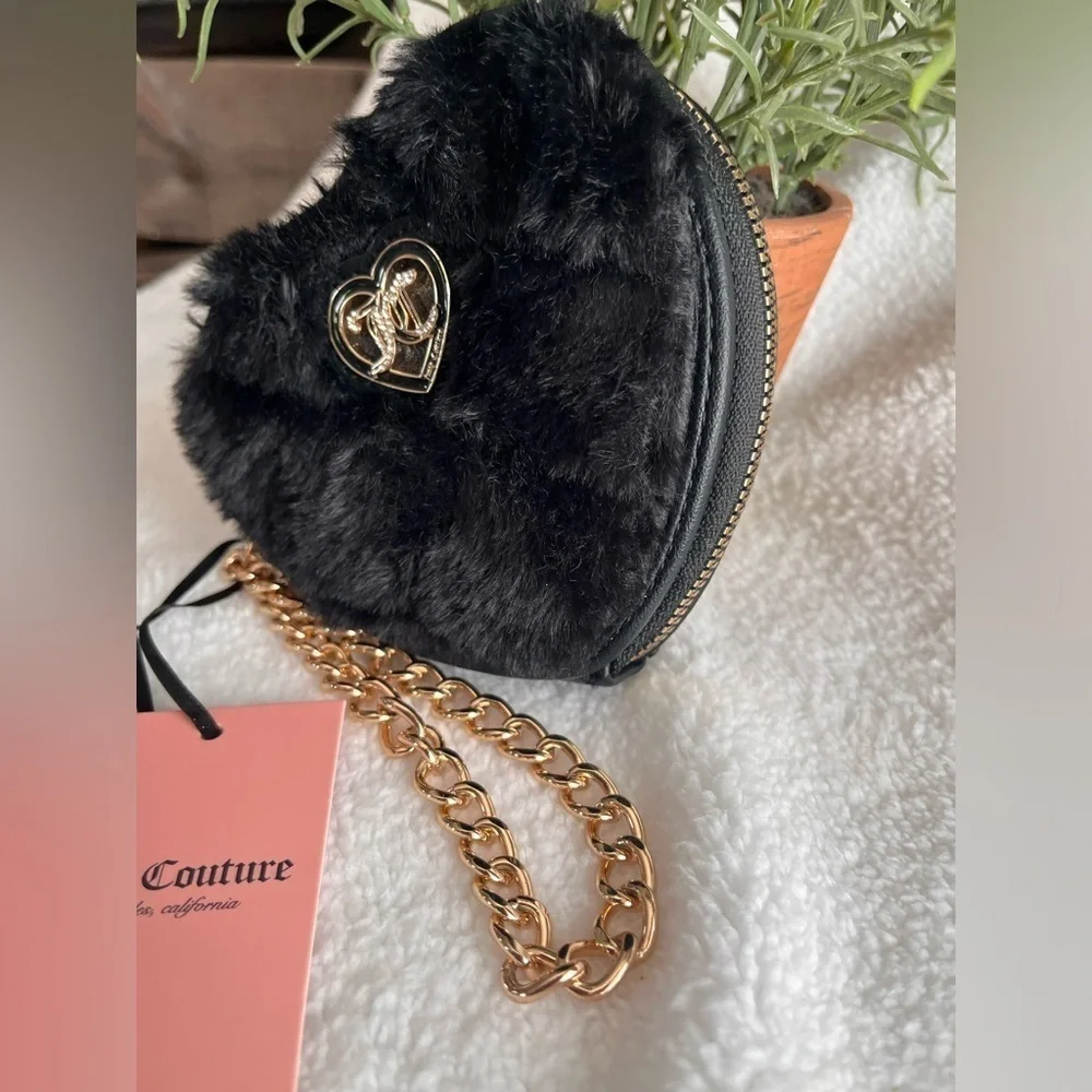 Juicy Couture Let’s Get Cozy Black Faux Fur Heart Wristlet NWT